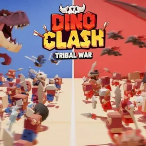 Альтернативный текст для изображения: Скриншот игрового процесса Dino Clash, демонстрирующий битву между динозаврами и воинами.