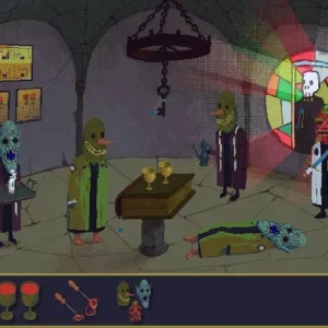 Сцена из игры The Case of the Golden Idol с изображением персонажа, изучающего улики.