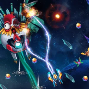 Скриншот игрового процесса Universe Invader: Alien Attack с видом на космический корабль, стреляющий по врагам.