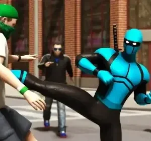 Скриншот из игры Blue Ninja, где главный герой сражается с врагами