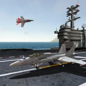 Скриншот из игры F18 Carrier Landing с видом из кабины пилота