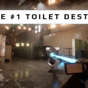 Скриншот из игры Toilet War - Beta с изображением персонажа, стреляющего в летающий унитаз.