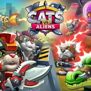Захватывающий скриншот из игры Cats vs Aliens PVP, демонстрирующий битву кота с пришельцем