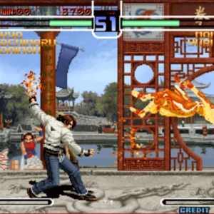 Захватывающий скриншот из игры KOF 2002 ACA NEOGEO с двумя бойцами в динамичной позе.